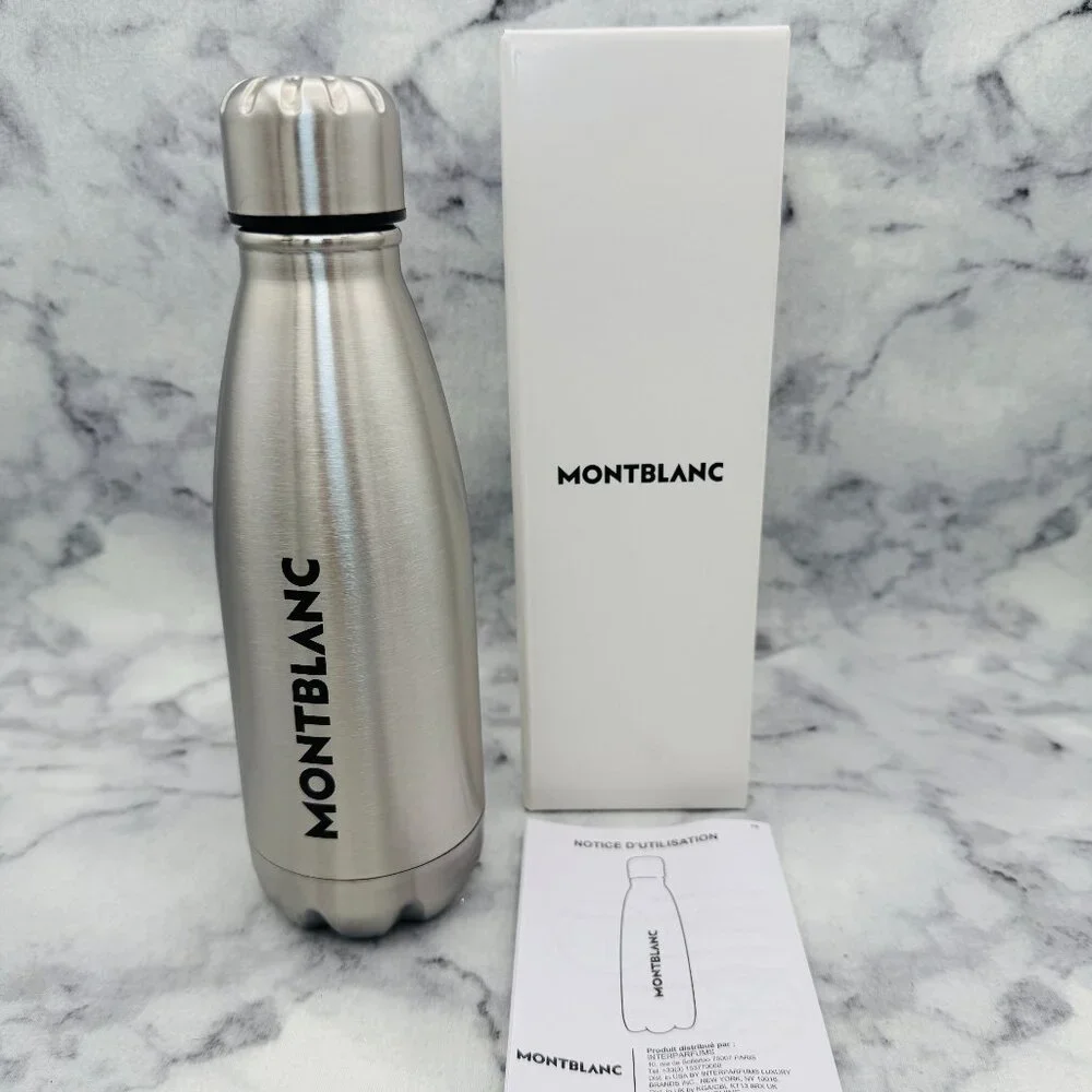 Montblanc Stainless Steel Travel Water Bottle, Silver Logo, Screw Lid,Boxed -NEW